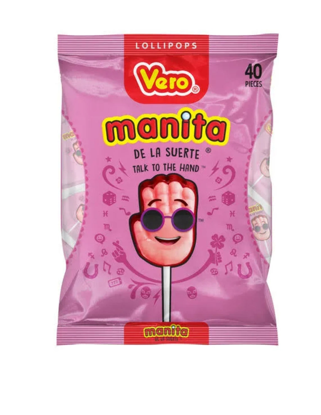 Vero Manita De La Suerte Strawberry and Cherry Lollipop, Artificially Flavored, 23.6 Ounces, 40 Count Bag